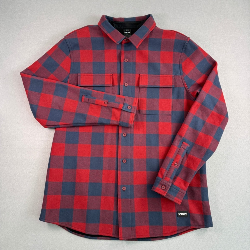 Oakley Flannel Shirt Men XL Red Blue Buffalo Plaid Fleece Lined Shacket Outdoor